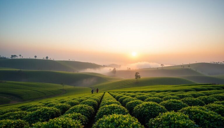 Rozległa plantacja herbaty o wschodzie słońca z pracownikami zbierającymi liście