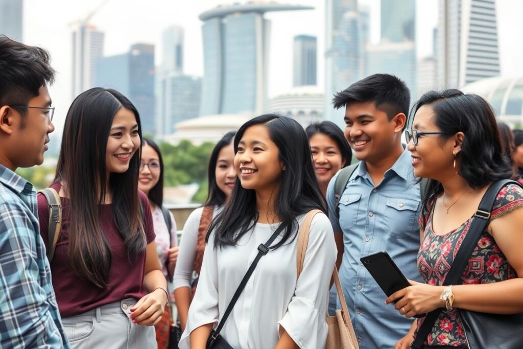 Różnorodne społeczeństwo Singapuru - ludzie różnych kultur i pochodzenia etnicznego na tle nowoczesnej architektury Różnorodne społeczeństwo Singapuru - ludzie różnych kultur i pochodzenia etnicznego na tle nowoczesnej architektury