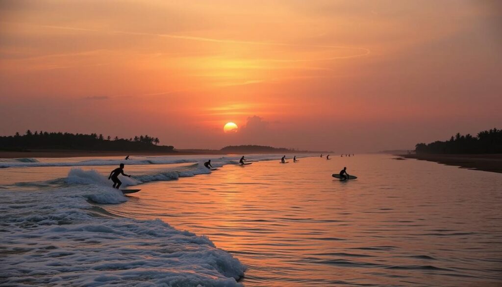 Surferzy na plaży Arugam Bay na Sri Lance łapiący fale o zachodzie słońca Surferzy na plaży Arugam Bay na Sri Lance łapiący fale o zachodzie słońca