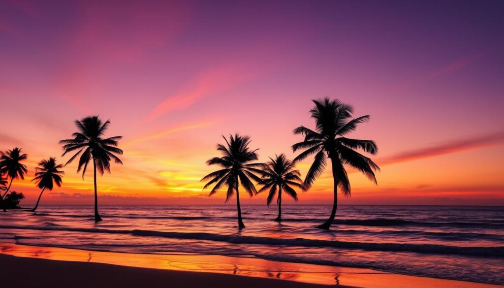 Zachód słońca nad plażą na Sri Lance z sylwetkami palm Zachód słońca nad plażą na Sri Lance z sylwetkami palm