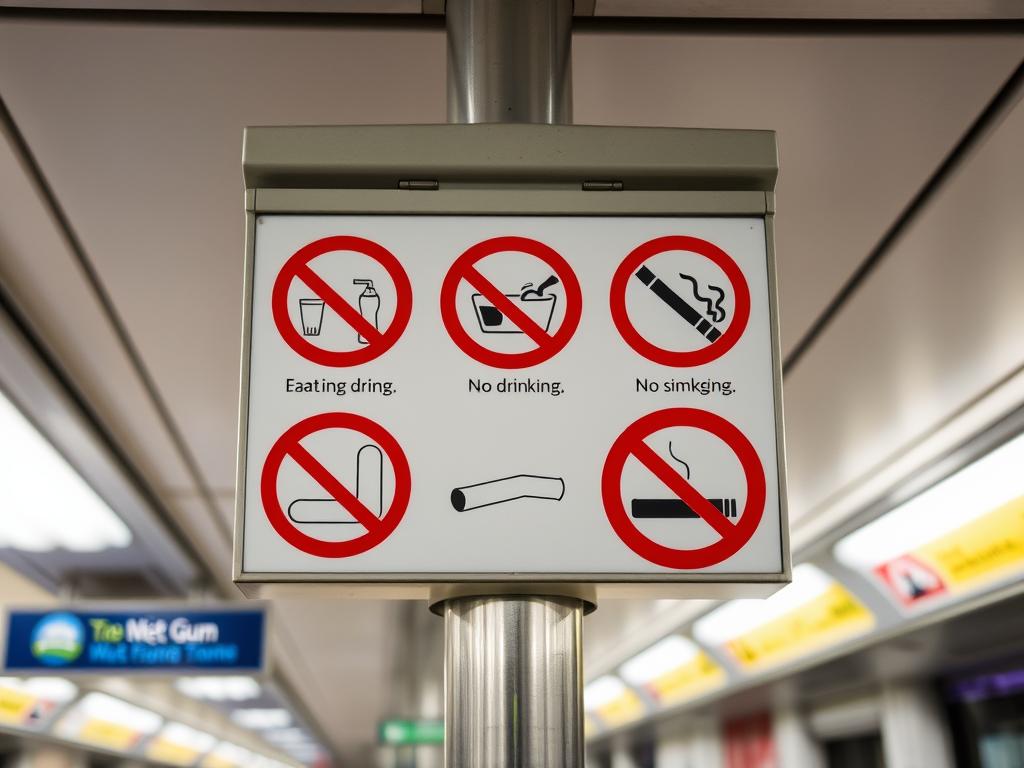 Znak zakazu żucia gumy w singapurskim metrze obok innych zakazów Znak zakazu żucia gumy w singapurskim metrze obok innych zakazów