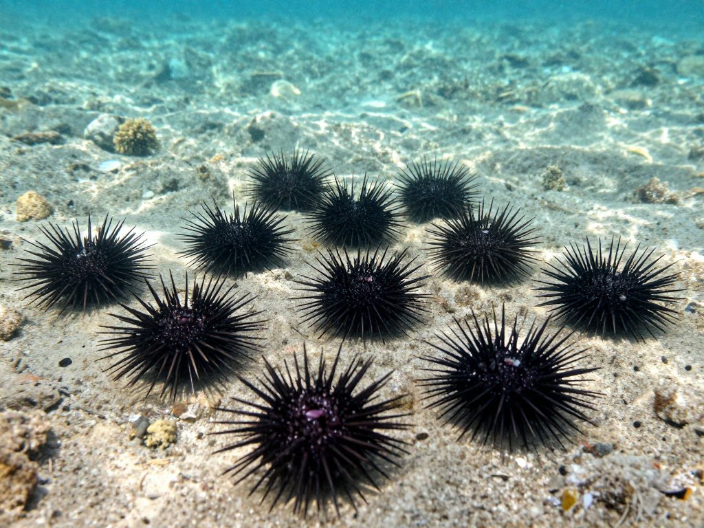 Jeżowce na dnie morskim w płytkiej wodzie przy chorwackim wybrzeżu - czy w chorwacji są rekiny i jadowite pająki?