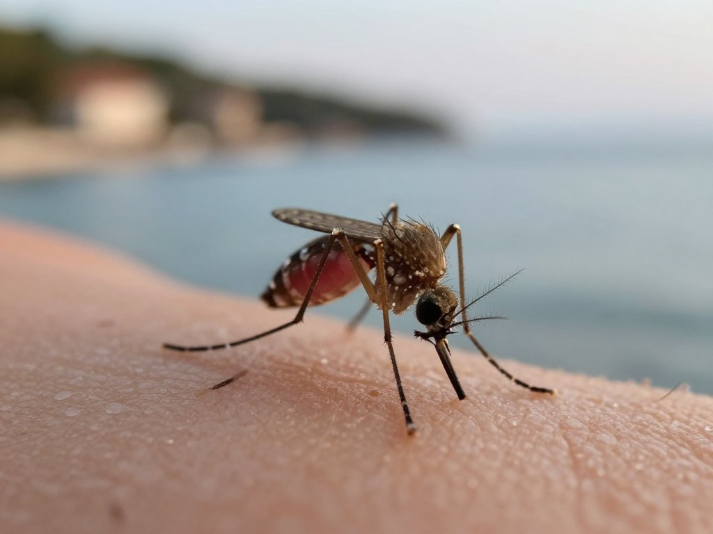 Komar na skórze człowieka w chorwackim otoczeniu - czy w chorwacji są rekiny i jadowite pająki?