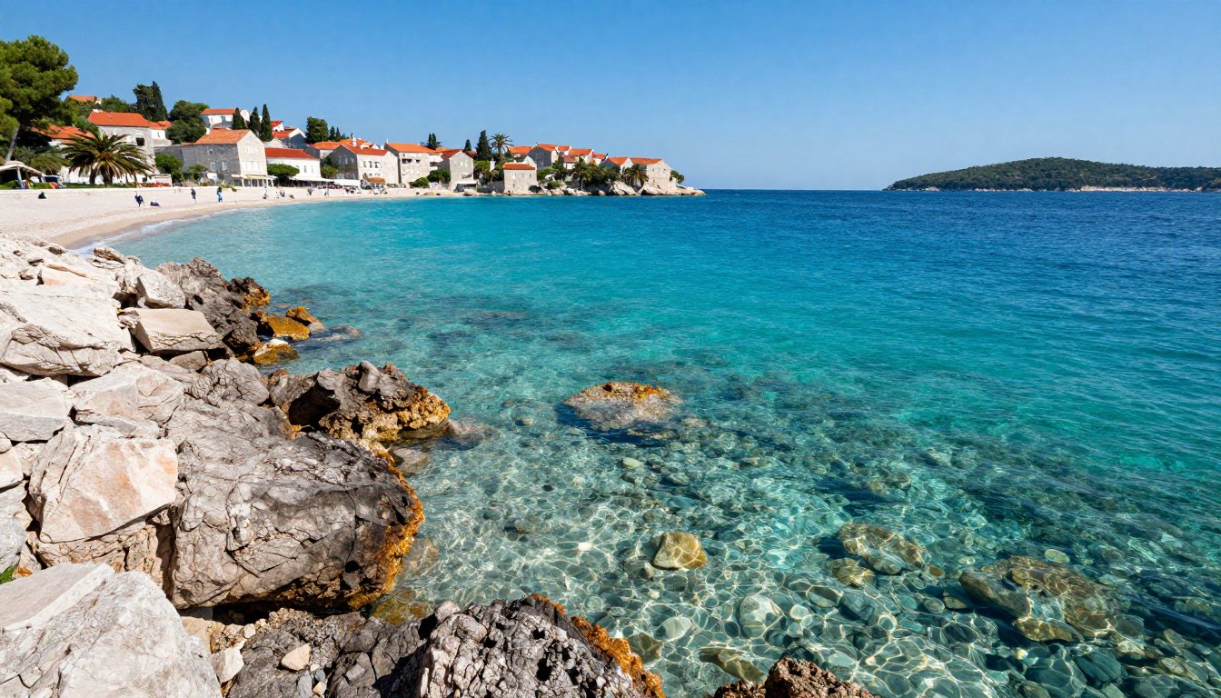 Panorama chorwackiego wybrzeża Adriatyku z krystalicznie czystą wodą - czy w chorwacji są rekiny i jadowite pająki?