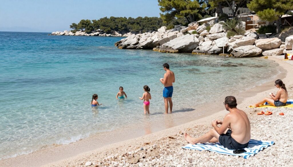 Rodzina bezpiecznie korzystająca z plaży w Chorwacji - czy w chorwacji są rekiny i jadowite pająki?