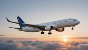 Samolot lecący nad chmurami w kierunku Australii, ilustrujący ile trwa lot do australii