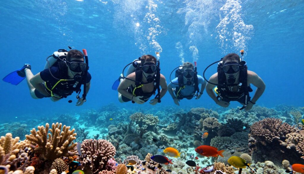 Turyści nurkujący bezpiecznie w Morzu Czerwonym w Egipcie Turyści nurkujący bezpiecznie w Morzu Czerwonym w Egipcie