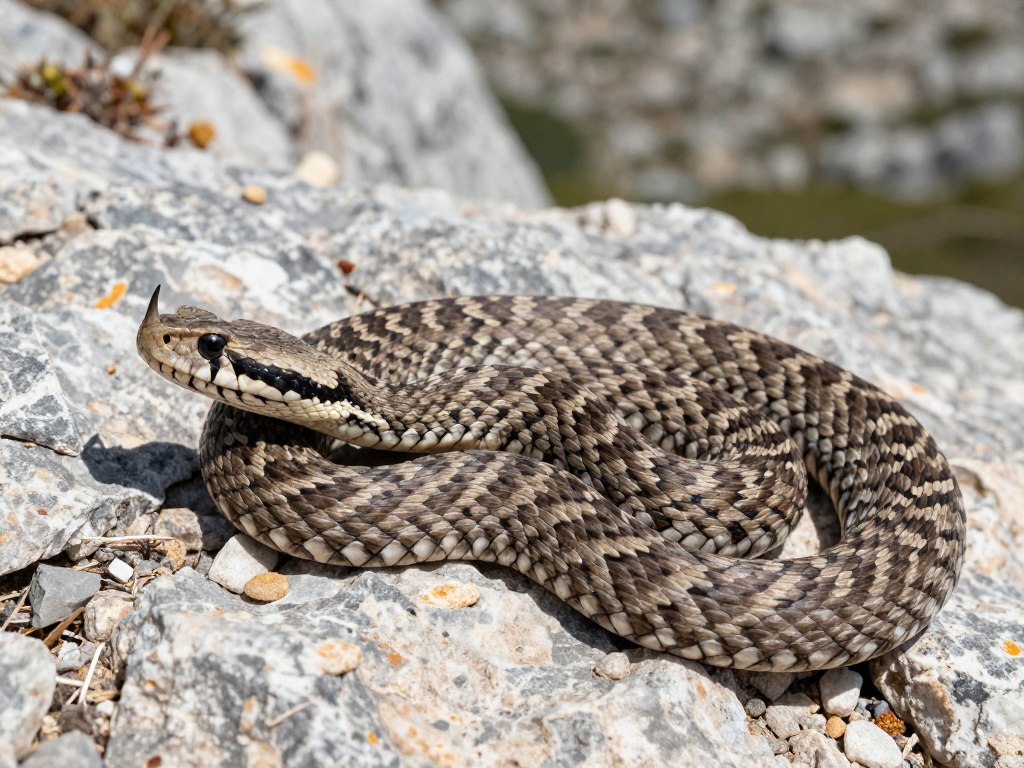 Żmija nosoroga na skalistym terenie w Chorwacji - czy w chorwacji są rekiny i jadowite pająki?
