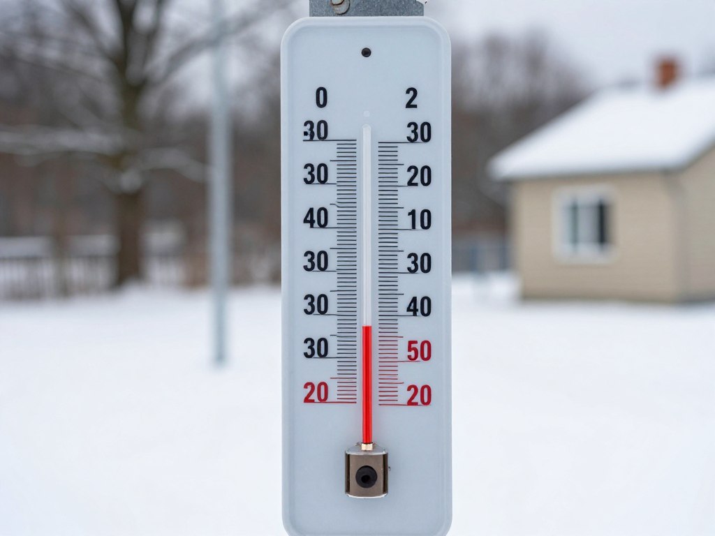 Aktualna pogoda Wilkasy z widokiem na termometr pokazujący zimową temperaturę