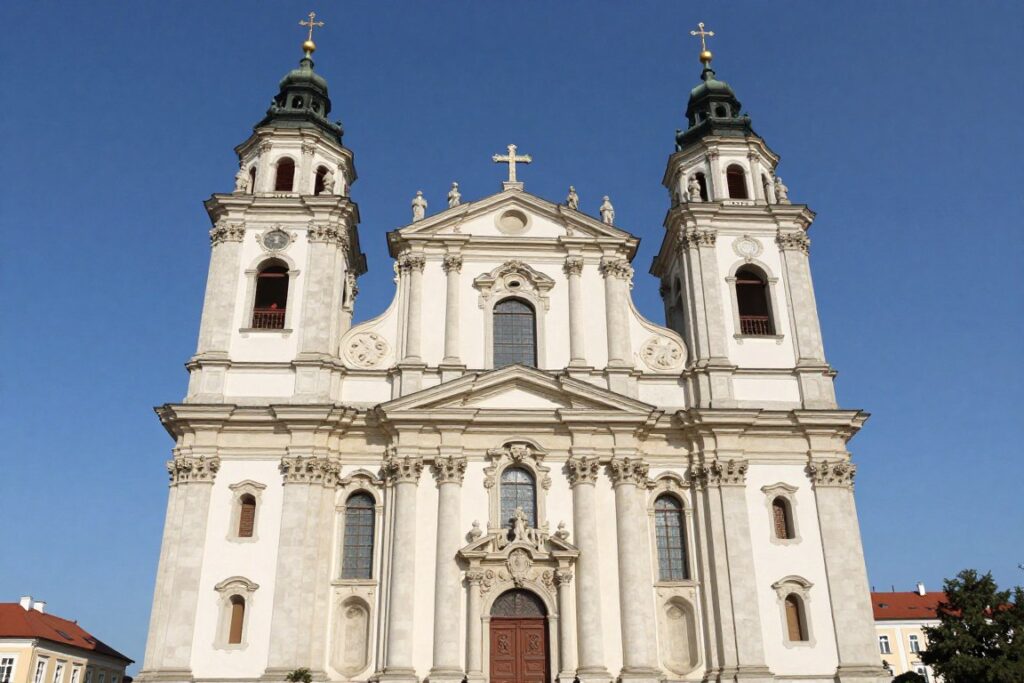 Bazylika świętej Anny na szczycie góry z charakterystyczną architekturą Bazylika świętej Anny na szczycie góry z charakterystyczną architekturą