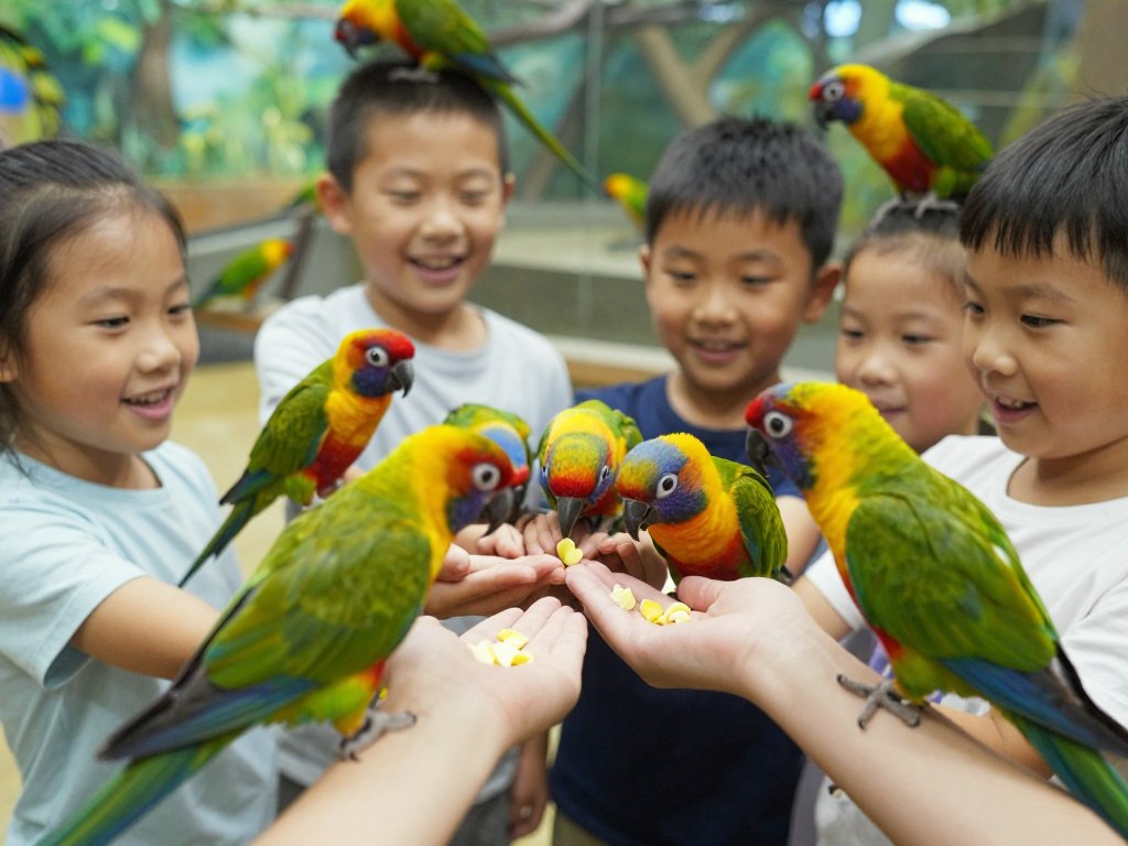 Dzieci karmiące papugi w Papugarni Mazury Dzieci karmiące papugi w Papugarni Mazury