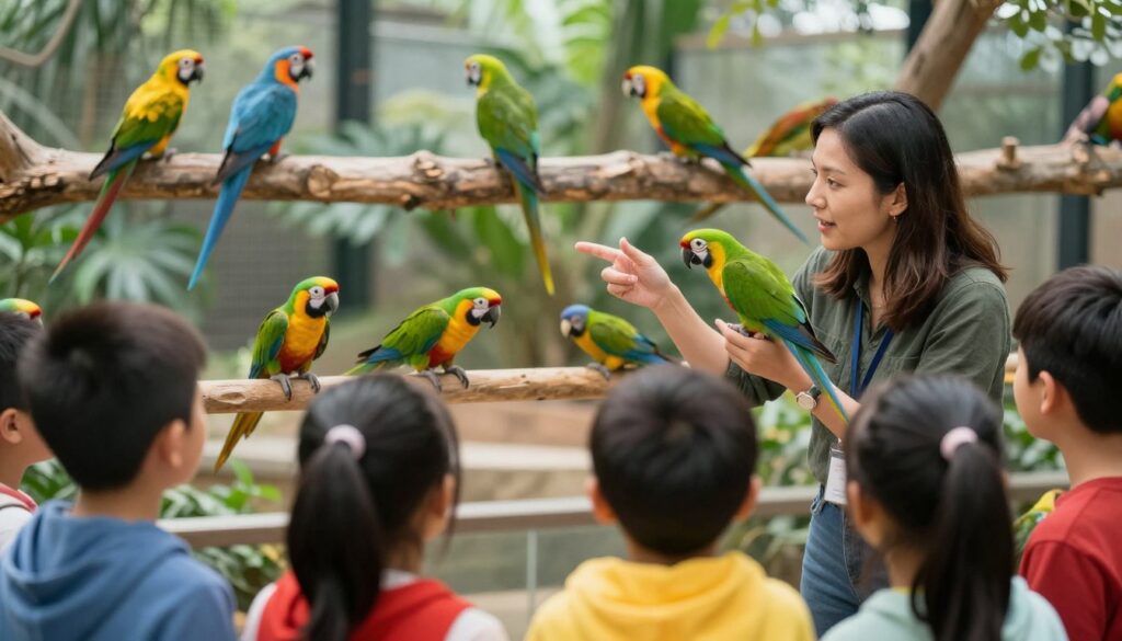 Dzieci uczące się o papugach w Papugarni Mazury na Mazurach Dzieci uczące się o papugach w Papugarni Mazury na Mazurach