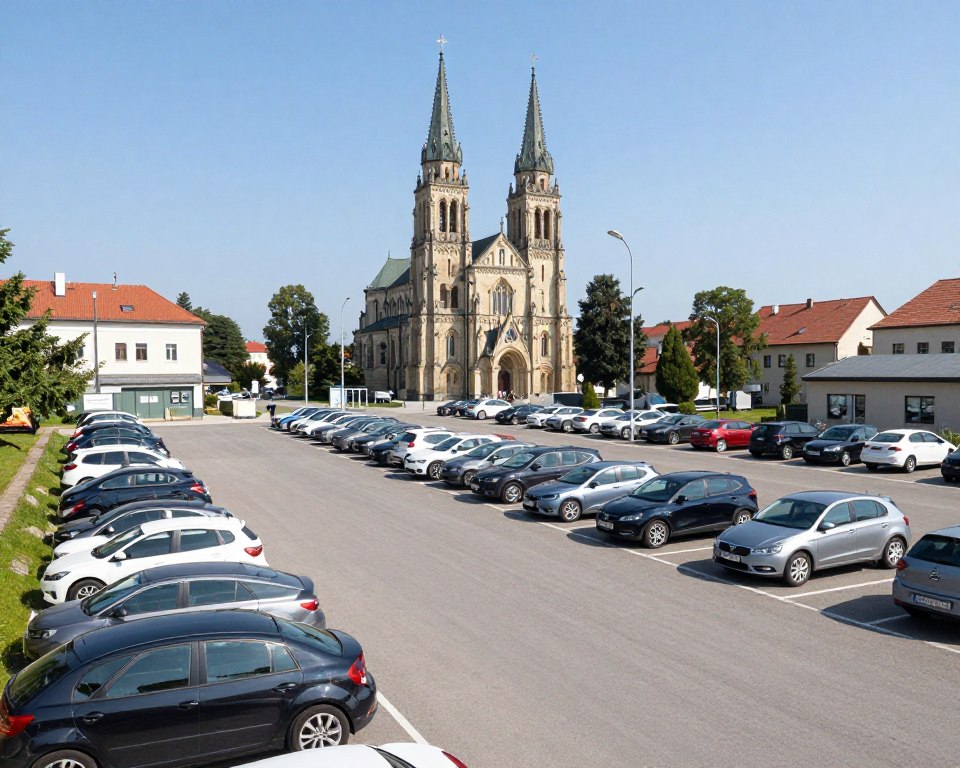 Główny parking przy sanktuarium na Górze Świętej Anny z zaparkowanymi samochodami Główny parking przy sanktuarium na Górze Świętej Anny z zaparkowanymi samochodami