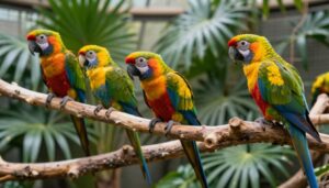 Kolorowe papugi w Papugarni Mazury siedzące na gałęziach