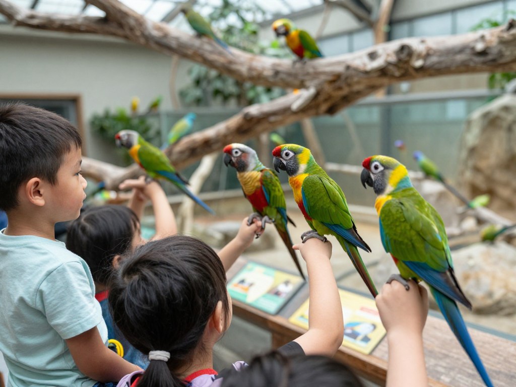 Odwiedzający w kontakcie z papugami w Papugarni Mazury Odwiedzający w kontakcie z papugami w Papugarni Mazury
