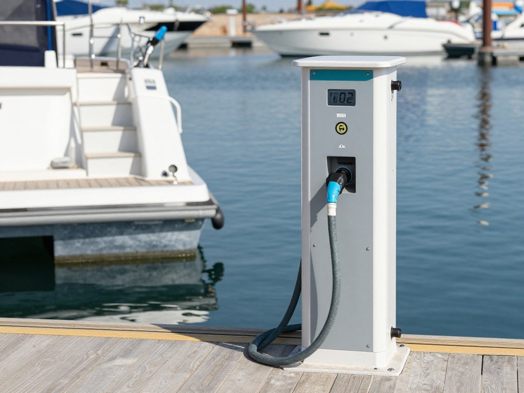 Podłączenia prądu i wody na pomostach Portu Sztynort Podłączenia prądu i wody na pomostach Portu Sztynort