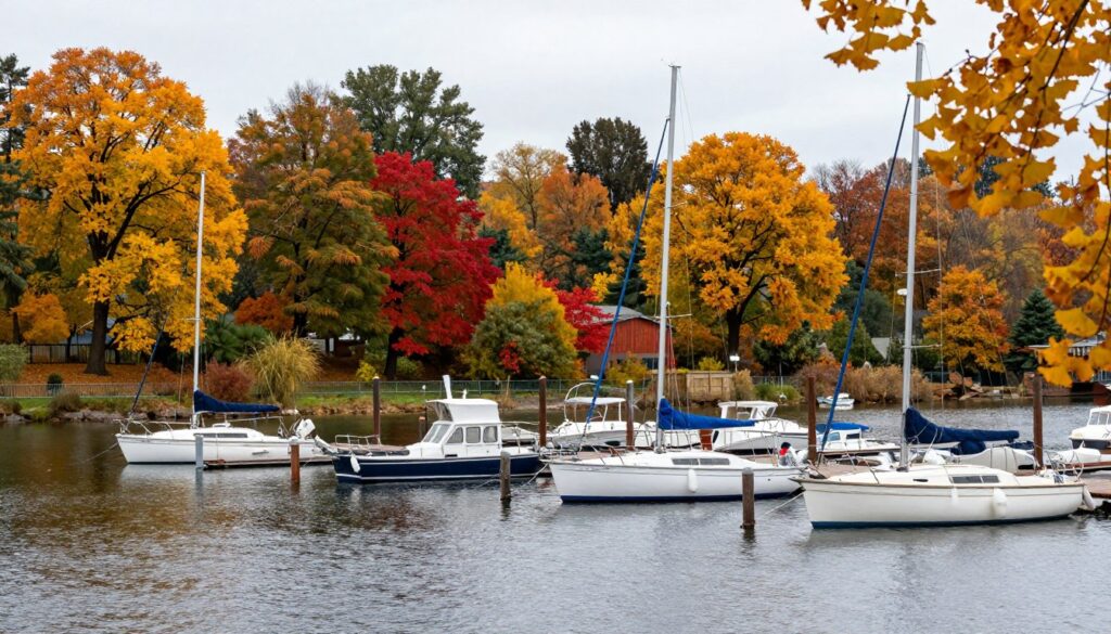 Port Sztynort jesienią z kolorowymi liśćmi Port Sztynort jesienią z kolorowymi liśćmi