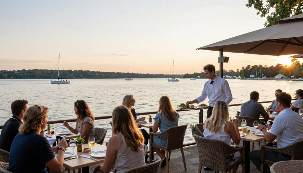 Restauracja w Porcie Sztynort z widokiem na jezioro Restauracja w Porcie Sztynort z widokiem na jezioro