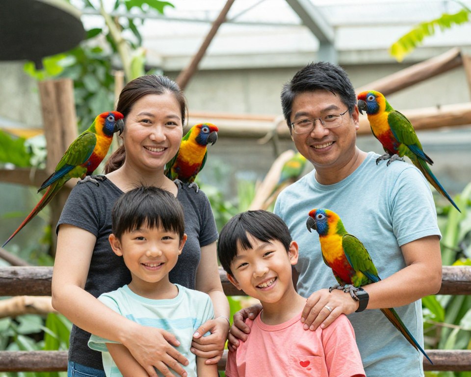 Rodzina robiąca zdjęcia z papugami w Papugarni Mazury Rodzina robiąca zdjęcia z papugami w Papugarni Mazury