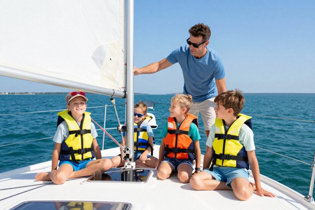 Rodzina z dziećmi na jachcie w Porcie Sztynort Rodzina z dziećmi na jachcie w Porcie Sztynort