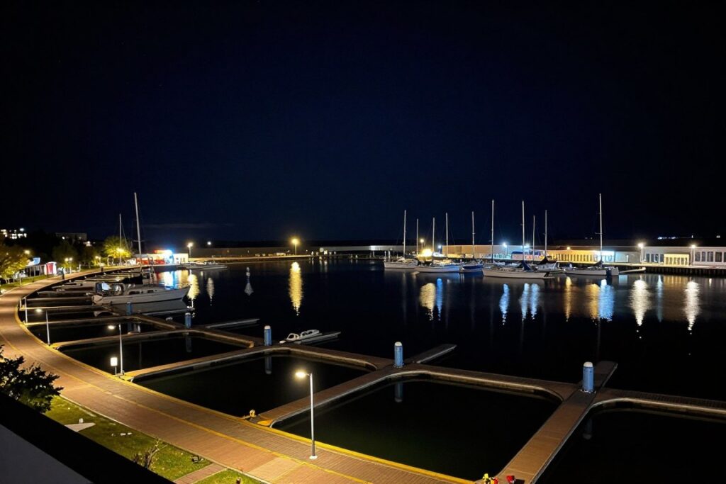 Sztynort kamera nocny widok portu z oświetleniem Sztynort kamera nocny widok portu z oświetleniem