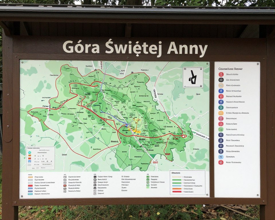 Tablica informacyjna ze schematem Góry Świętej Anny i oznaczeniem tras Tablica informacyjna ze schematem Góry Świętej Anny i oznaczeniem tras