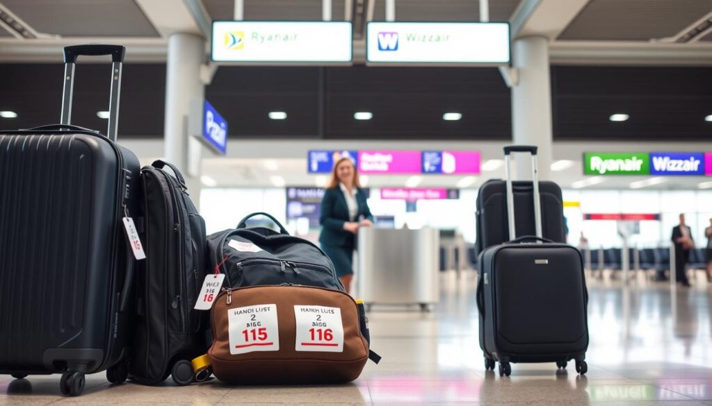 A clear and informative visual representation of the rules for hand luggage and checked baggage for airline travel, focusing on Ryanair and Wizzair's guidelines. In the foreground, an neatly arranged collection of various types of luggage, including a carry-on suitcase, a backpack, and a larger checked bag, all labeled with visual tags displaying size and weight limits. In the middle ground, an airport check-in counter with a friendly attendant wearing professional business attire, helping a passenger. The background features a brightly lit airport terminal with signboards indicating baggage rules. Soft natural lighting and a wide-angle lens capture the bustling yet organized atmosphere of the airport, conveying clarity and professionalism. The overall mood is informative and encouraging, ideal for travelers.