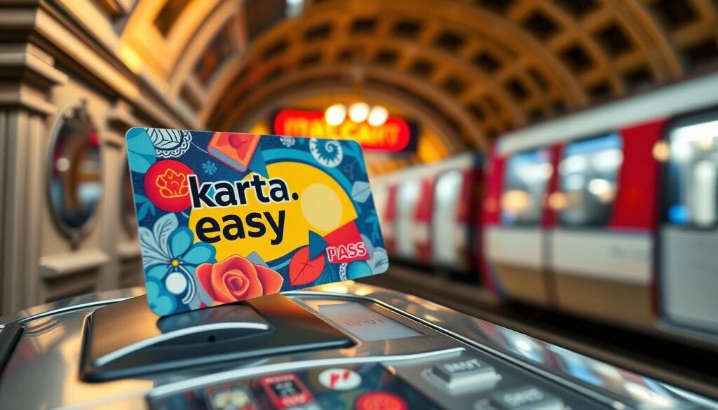 A close-up view of a "karta navigo easy pass" card, prominently displayed in the foreground, showcasing its design with vibrant colors and intricate details. The card is placed on a polished metro ticket machine, which is partially visible in the middle ground, featuring buttons and a screen illuminated with soft, warm lighting, creating an inviting atmosphere. In the background, a blurred ambiance of a Paris Metro station can be seen, featuring platforms and elegant architectural elements typical of Parisian transit. The scene captures a sense of urban movement and convenience, evoking the hustle and bustle of city travel. The image should be well-lit, with a focus on the card to emphasize its importance for travelers in the city. A close-up view of a "karta navigo easy pass" card, prominently displayed in the foreground, showcasing its design with vibrant colors and intricate details. The card is placed on a polished metro ticket machine, which is partially visible in the middle ground, featuring buttons and a screen illuminated with soft, warm lighting, creating an inviting atmosphere. In the background, a blurred ambiance of a Paris Metro station can be seen, featuring platforms and elegant architectural elements typical of Parisian transit. The scene captures a sense of urban movement and convenience, evoking the hustle and bustle of city travel. The image should be well-lit, with a focus on the card to emphasize its importance for travelers in the city.