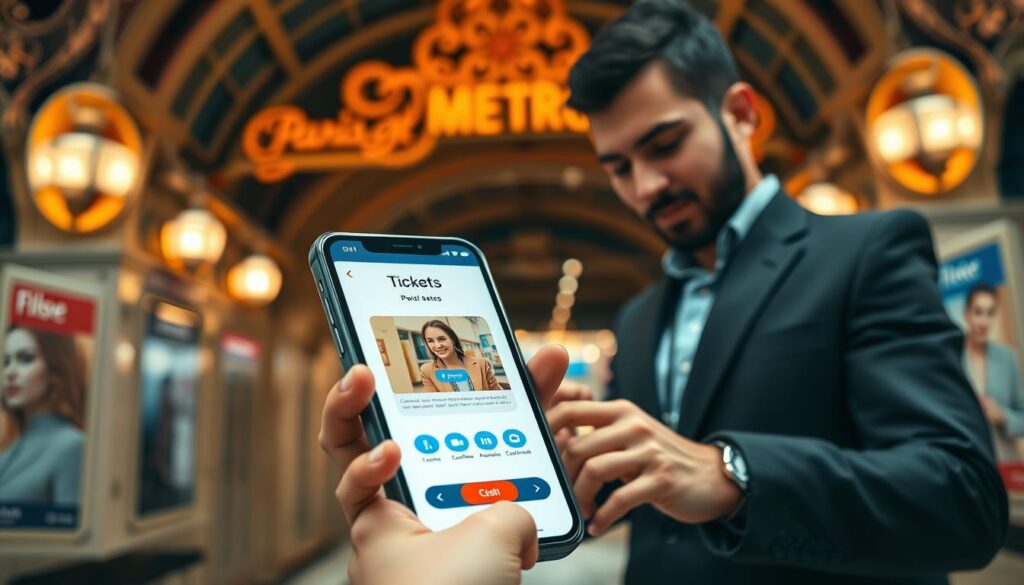 A close-up view of a mobile phone displaying a ticket purchase interface for the Paris Metro app. In the foreground, the phone's screen is vividly illuminated, showing a user-friendly design with bright colors and clear buttons. The middle layer features a professional-looking person in business casual attire, interacting with the phone, their expression focused and engaged. The background includes a soft-focus view of a stylish Paris Metro station, with recognizable architectural elements like the iconic Art Nouveau station entrance and subway advertisements subtly blurred. The atmosphere conveys a sense of modern convenience and travel excitement, bathed in warm, ambient lighting that suggests a busy but inviting setting, ideal for purchasing tickets. A close-up view of a mobile phone displaying a ticket purchase interface for the Paris Metro app. In the foreground, the phone's screen is vividly illuminated, showing a user-friendly design with bright colors and clear buttons. The middle layer features a professional-looking person in business casual attire, interacting with the phone, their expression focused and engaged. The background includes a soft-focus view of a stylish Paris Metro station, with recognizable architectural elements like the iconic Art Nouveau station entrance and subway advertisements subtly blurred. The atmosphere conveys a sense of modern convenience and travel excitement, bathed in warm, ambient lighting that suggests a busy but inviting setting, ideal for purchasing tickets.