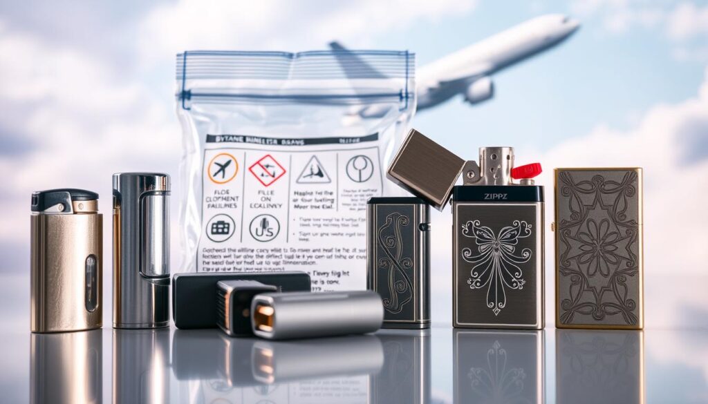 A close-up view of various types of lighters arranged on a sleek, polished surface, emphasizing their unique designs and safety compliance features. The foreground showcases different lighter styles: a classic butane lighter, an eco-friendly electric lighter, and a decorative artistic lighter, each reflecting ambient light. In the middle ground, a clear plastic travel bag displays safety symbols and regulations related to carrying lighters on airplanes, hinting at airline policies. The background features an abstract representation of an airplane in flight, softly blurred to create depth. The overall lighting is bright and inviting, accentuating the colors and details of the lighters while maintaining a professional and informative mood, suitable for educational purposes.