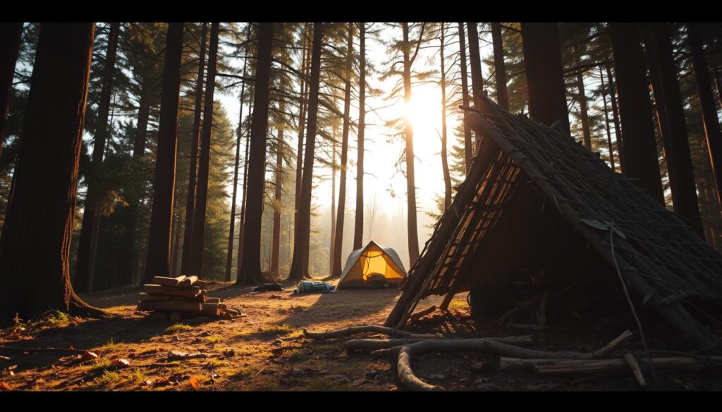 A dense forest setting in a serene late afternoon light, capturing the essence of survival skills. In the foreground, a partially constructed shelter made of branches and leaves, showcasing the beginning stages of a lean-to. A small pile of firewood neatly stacked nearby, symbolizing preparations for a cozy fire. The middle ground introduces a modest tent pitched against the tree line, with gear scattered around. Tall trees with dappled sunlight filtering through the leaves create a picturesque backdrop. The atmosphere is tranquil yet focused, evoking a sense of adventure and resilience in nature. The camera angle is slightly elevated, giving a clear view of the makeshift shelter and surroundings, highlighting the connection between humanity and the wild.