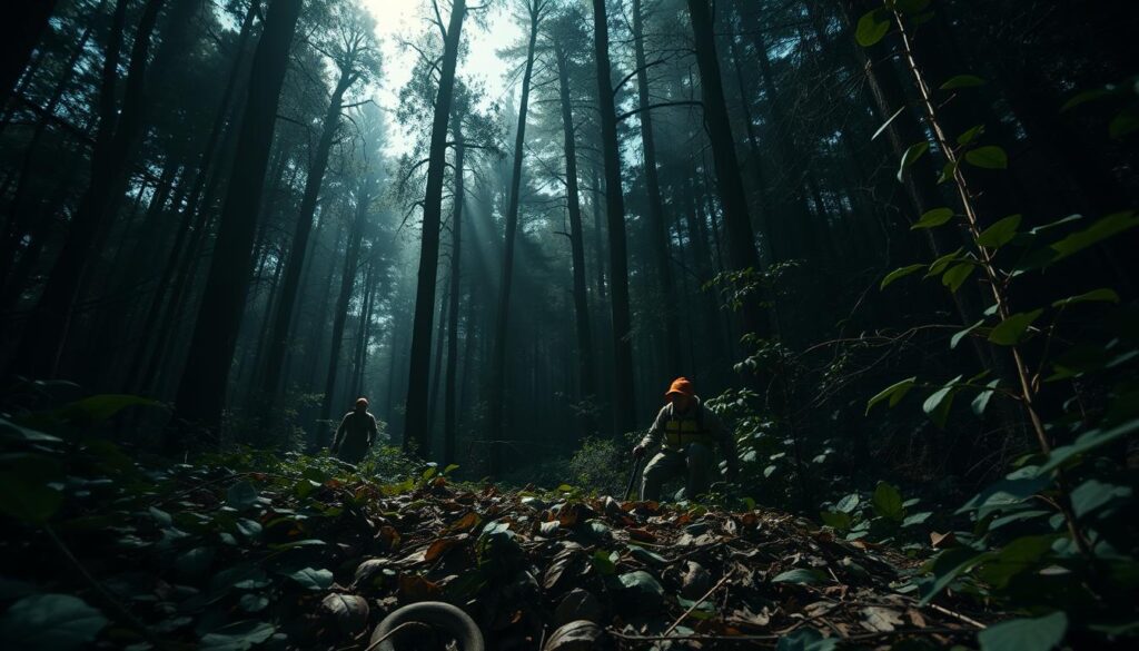 A dense, shadowy forest filled with towering trees and thick underbrush, creating an atmosphere of mystery and potential danger. In the foreground, a cautious figure dressed in practical outdoor attire is navigating around a concealed pitfall covered by leaves, demonstrating careful awareness of their surroundings. In the middle ground, hints of wildlife such as a lurking snake and hidden thorns among the foliage symbolize the unforeseen threats present in the wilderness. The background displays a dappled sunlight filtering through the canopy, creating an interplay of light and shadow that enhances the sense of alertness. The mood is tense yet focused, emphasizing the importance of survival skills in the wild. The image is captured from a low angle to convey the vastness of the forest and the figure's smallness within it, evoking a feeling of isolation and vigilance.