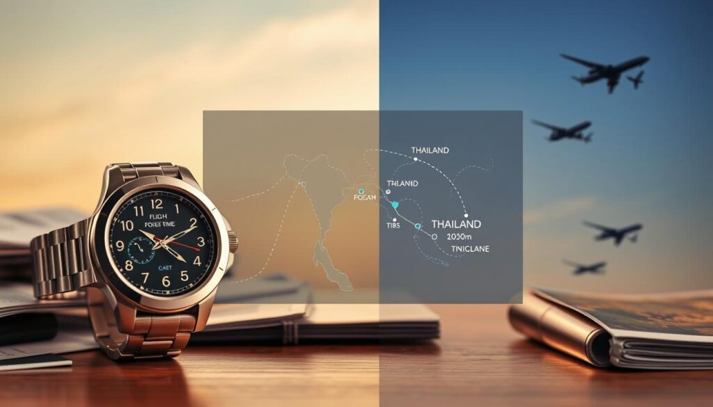 A detailed analysis of flight duration to Thailand from Poland, depicted in a split image layout. Foreground features an elegant watch prominently displaying flight times, surrounded by flight-related items like a boarding pass and travel magazines. In the middle, a transparent map overlay shows the flight route from Poland to Thailand, marked with dotted lines and key cities highlighted. The background consists of a serene sky transitioning from day to night, symbolizing the time difference, with airplane silhouettes flying in opposite directions. Soft, warm lighting creates a professional atmosphere, enhancing focus on the watch and travel items. The image conveys a sense of anticipation and excitement about the journey ahead, perfect for illustrating travel analysis themes.