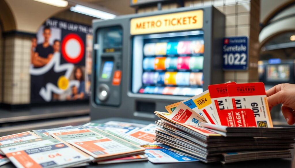 A detailed and colorful display of various types of public transportation tickets in a Parisian metro setting. In the foreground, showcase an array of ticket types: single-use, daily, and monthly passes, neatly arranged on a table. Each ticket should have unique designs and colors, reflecting the essence of Paris. In the middle ground, depict a stylized metro ticket vending machine with a modern design, partially open, revealing ticket options. The background should feature blurred images of typical Paris metro station elements, such as tiled walls and platform signage, with soft, warm lighting that evokes a welcoming atmosphere. Use a slightly elevated angle to create depth while maintaining focus on the ticket types, ensuring the scene feels vibrant and informative. A detailed and colorful display of various types of public transportation tickets in a Parisian metro setting. In the foreground, showcase an array of ticket types: single-use, daily, and monthly passes, neatly arranged on a table. Each ticket should have unique designs and colors, reflecting the essence of Paris. In the middle ground, depict a stylized metro ticket vending machine with a modern design, partially open, revealing ticket options. The background should feature blurred images of typical Paris metro station elements, such as tiled walls and platform signage, with soft, warm lighting that evokes a welcoming atmosphere. Use a slightly elevated angle to create depth while maintaining focus on the ticket types, ensuring the scene feels vibrant and informative.