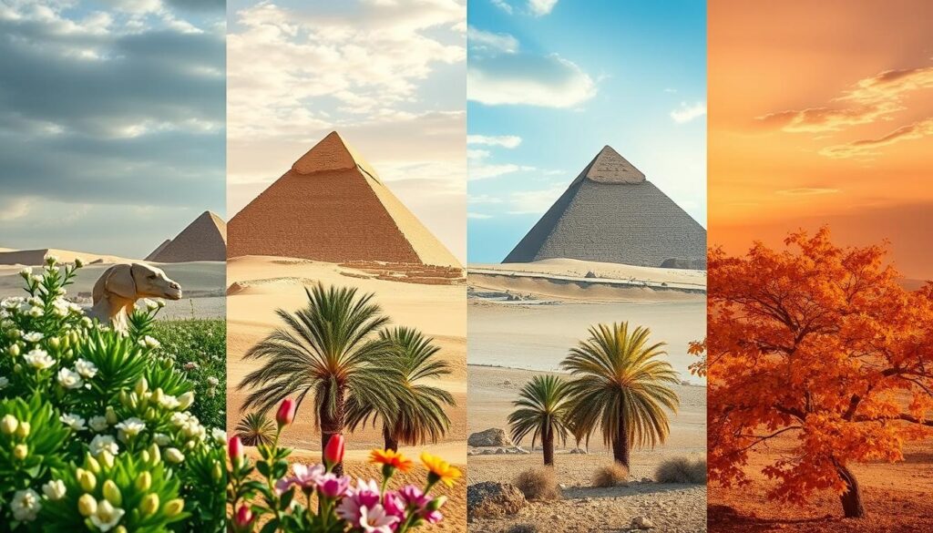 A detailed comparison of Egypt's months, featuring four distinct panels depicting the seasonal changes from winter to summer. In the foreground, show lush greenery and blooming flowers for spring in one panel, while another displays the arid landscapes and clear blue skies of summer. In the middle, illustrate gentle winter scenes with soft sunlight filtering through palm trees, contrasting with the vibrant colors of autumn leaves in another panel. The background should depict the famous pyramids of Giza set against dramatic, changing skies, transitioning from cool blues of winter to the warm golds of summer. The mood should capture the beauty and diversity of Egypt's climate throughout the year, with a soft focus on the foreground for a serene atmosphere. Use natural lighting to evoke the warmth and brightness of the Egyptian sun.