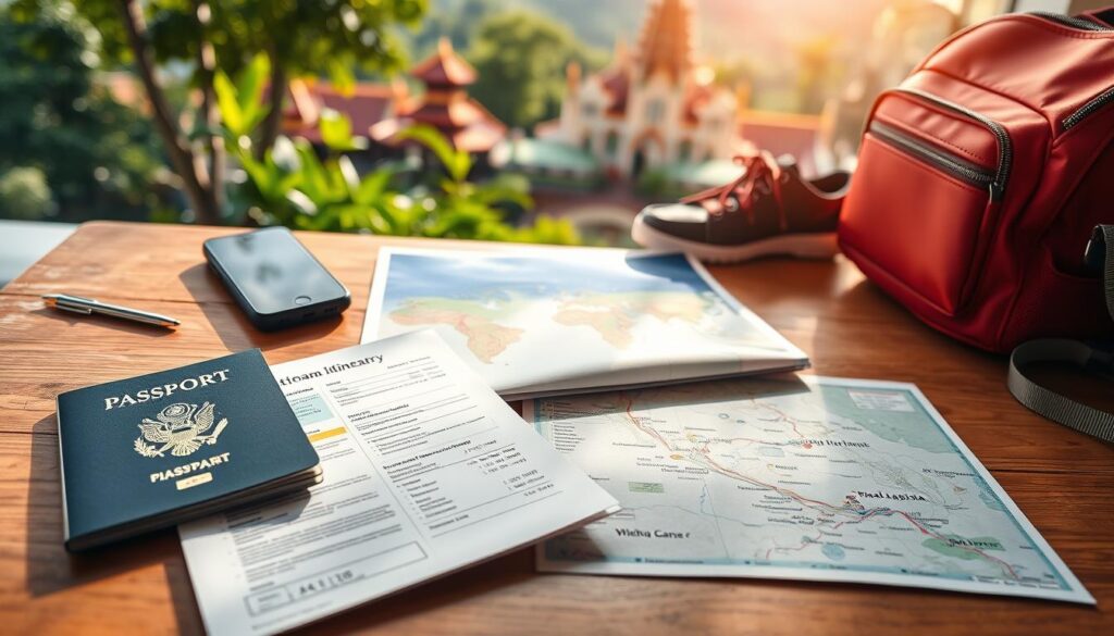 A detailed composition showcasing essential travel documents for beginners traveling to Vietnam and Malaysia, arranged on a wooden table. In the foreground, there are neatly organized travel essentials: a passport, a printed itinerary, travel insurance papers, and a map highlighting key locations. In the middle ground, a pair of comfortable travel shoes and a compact backpack suggest adventure and exploration. In the background, a soft-focus glimpse of vibrant travel destinations in Vietnam and Malaysia, featuring lush greenery and iconic architecture, creates an inviting atmosphere. Natural daylight filters in, casting gentle shadows and enhancing the warm, welcoming mood. The overall perspective is slightly angled from above, creating depth and inviting viewers to imagine their journey.