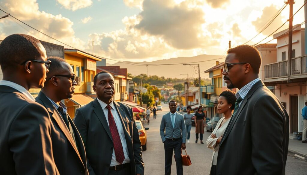 A focused view of local threats in Jamaica, capturing an urban street scene during late afternoon. In the foreground, a cautious group of diverse individuals in professional business attire discusses safety measures. In the middle ground, a typical Jamaican street showcases colorful buildings with signs of both tourism and local life, hinting at both vibrancy and caution. The background features distant hills under a partially cloudy sky, evoking a sense of tension contrasted with natural beauty. Warm, golden sunlight casts soft shadows, enhancing the mood of awareness and vigilance. The atmosphere is a blend of everyday life and underlying concern, visually representing the need for safety precautions in a vibrant yet complex environment.