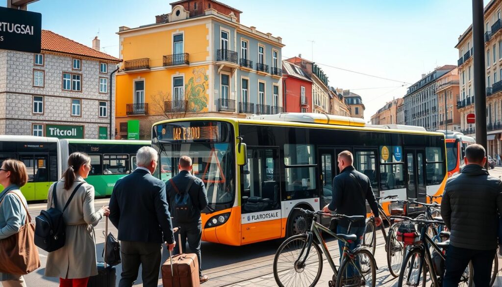 A modern urban scene depicting public transportation in Portugal, focusing on a busy bus stop showcasing various transport options like buses, trams, and bicycles. The foreground features travelers, including professionals in modest casual clothing, waiting for transport with luggage. In the middle, a vibrant city bus arrives, with clear signage indicating its route, surrounded by bicycles parked nearby. The background reveals iconic Portuguese architecture, such as tiled buildings and a bustling street, under a bright blue sky with soft, natural sunlight illuminating the scene. Capture the mood of daily life and transportation efficiency, with a relaxed yet active atmosphere. The angle should be slightly elevated, providing a comprehensive view that conveys the vibrancy of urban transportation in Portugal.