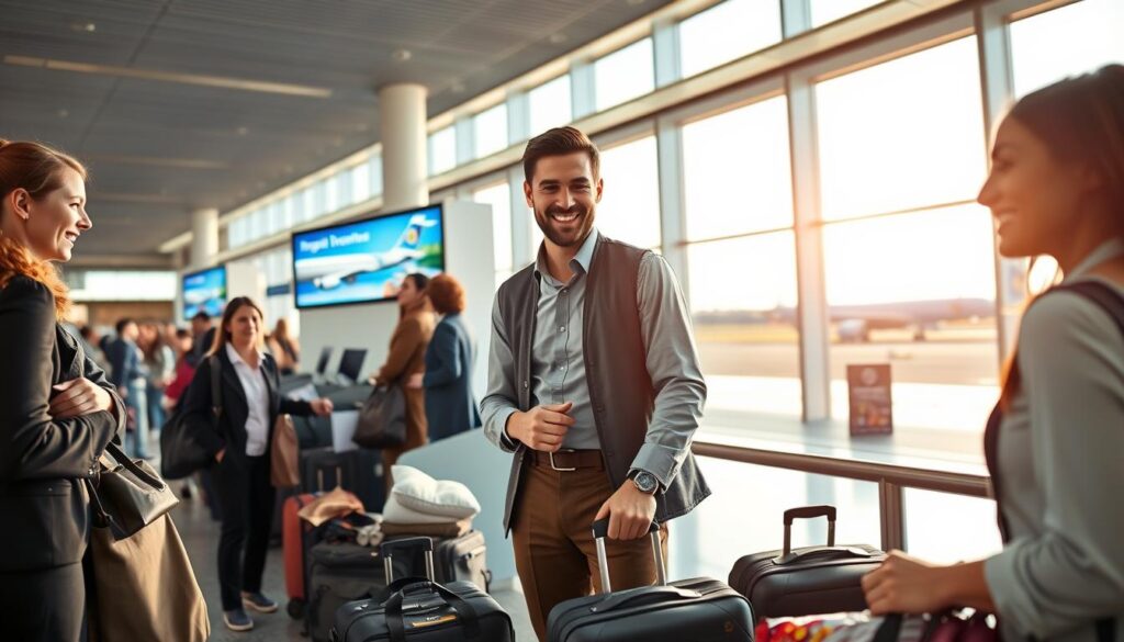 A professional traveler preparing for a long-distance flight to Thailand, standing at an airport check-in counter. The foreground features a diverse group of travelers, dressed in business casual attire, organizing their travel essentials—including stylish bags, travel pillows, and snacks. In the middle, the check-in kiosk displays vibrant graphics promoting international flights, while airline representatives assist passengers with cheerful expressions. The background captures the bustling airport environment with modern architecture, large windows revealing an airplane on the runway, and bright, natural light streaming in. The mood is one of excitement and anticipation, with hints of wanderlust, emphasizing the journey ahead. The lens captures a wide-angle view to convey the scale of the airport scene, with warm, inviting lighting enhancing the atmosphere.