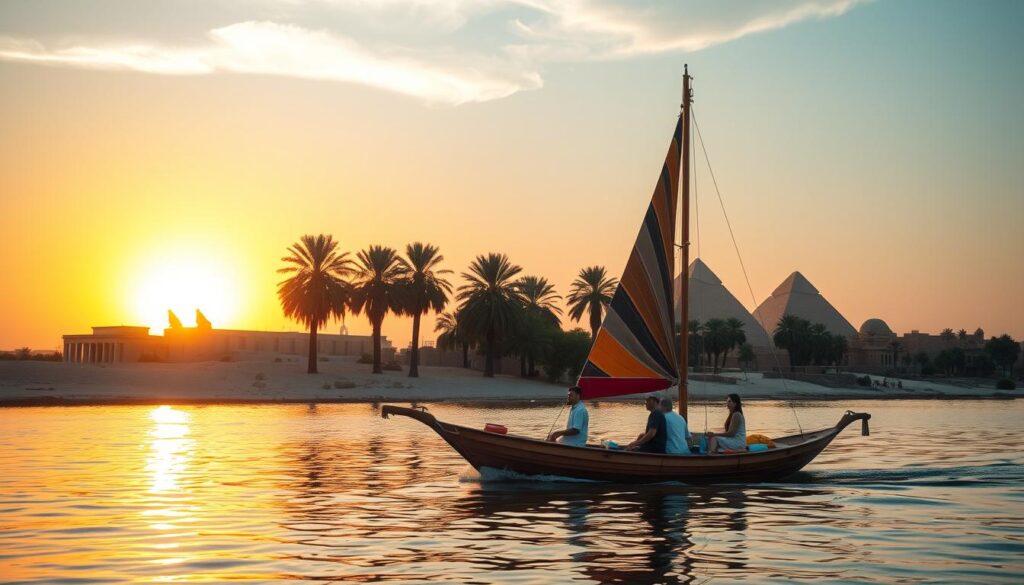 A serene Nile River scene at sunset, capturing a traditional wooden felucca sailing gracefully across calm waters. In the foreground, the boat is adorned with colorful sails, and a small group of travelers, dressed in modest casual clothing, enjoy the journey, admiring the surroundings. The middle ground features lush palm trees along the riverbank, reflecting in the water. In the background, ancient temples and pyramids rise against the vibrant hues of the sunset sky, casting long shadows on the sandy shore. The atmosphere is tranquil and evocative, enhancing the historical significance of the location. Soft lighting highlights the warmth of the evening, creating an enchanting and inviting scene reminiscent of Egypt's rich culture.