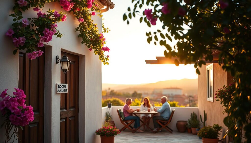 A serene and inviting image of a cozy guesthouse in Portugal, showcasing the costs of accommodations. In the foreground, a charming entrance with blooming bougainvillea, featuring a welcoming wooden door and a small sign with the words “Rooms Available.” The middle ground features a picturesque patio with comfortable seating, where a family in modest casual clothing enjoys a meal. The background reveals rolling hills and terracotta rooftops bathed in warm sunset light, creating a tranquil atmosphere. The scene is photographed with a wide-angle lens to capture the full beauty of the setting, with soft, golden hour lighting that enhances the inviting feel of the accommodations. The overall mood is relaxed and welcoming, ideal for highlighting the affordability of staying in Portugal.