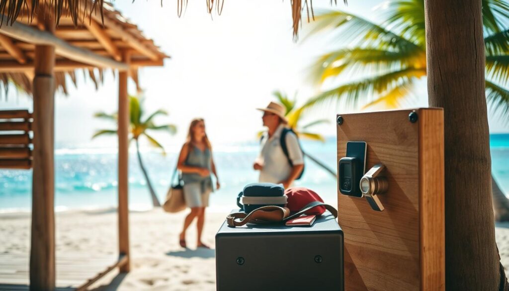 A serene beach setting on a tropical island, capturing the essence of vacation safety. In the foreground, a wooden beach hut with items like a sturdy safe secured against the wall, showcasing valuable belongings such as passports and a camera. In the middle ground, a pair of travelers dressed in modest vacation attire, appearing relaxed yet vigilant, discussing safety strategies. The background features a vibrant blue ocean and lush palm trees under a bright clear sky. Soft, warm sunlight casts gentle shadows, creating a tranquil yet alert atmosphere. The image composition should be framed to emphasize both the beauty of the environment and the importance of protecting valuable items while traveling.