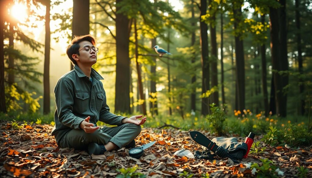 A serene forest setting during early morning, gently lit by soft, golden sunlight filtering through the trees. In the foreground, a person clad in modest outdoor clothing sits cross-legged on a bed of leaves, eyes closed in deep meditation. Their facial expression reflects calm and focus, symbolizing mental preparation for survival. In the middle ground, various survival tools like a small knife, a compass, and gear are arranged neatly beside them, indicating readiness. The background showcases towering trees with lush green foliage, birds perched on branches, and a hint of wildflowers near the forest floor, all of which contribute to a peaceful atmosphere. The overall mood is one of tranquility and introspection, inviting viewers to connect with the idea of mental and physical readiness in the wilderness.