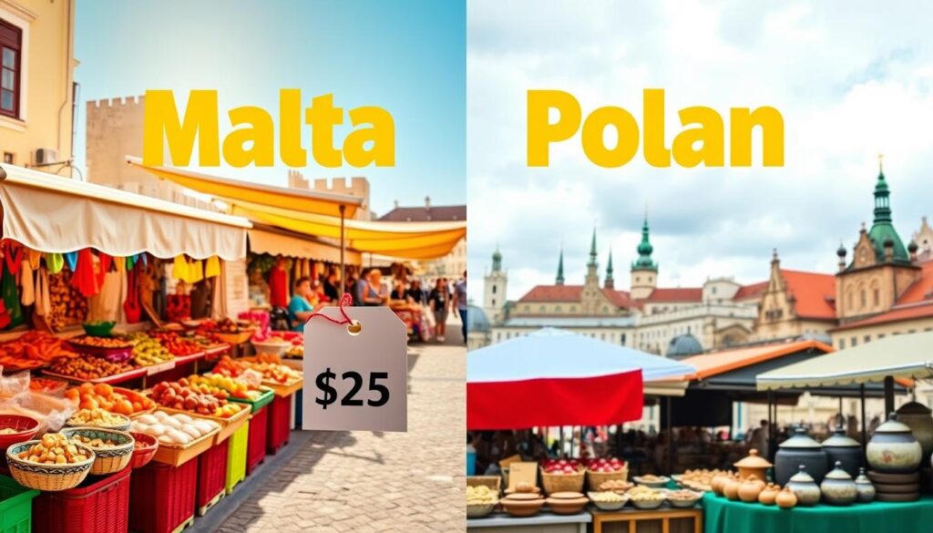 A split image contrasting prices in Malta and Poland. On the left, showcase a vibrant Maltese market scene with colorful stalls filled with local produce, seafood, and crafts under bright sunlight, capturing a lively atmosphere. On the right, depict a Polish market with traditional items, such as pierogi and pottery, set under a cozy, overcast sky. The foreground features a subtle price tag hovering over a typical item from each location, suggesting a price comparison. In the background, blend iconic landmarks from both nations, like the Valletta skyline and Warsaw's Old Town. Use a warm color palette for Malta and cooler tones for Poland, creating a balanced and informative visual comparison.