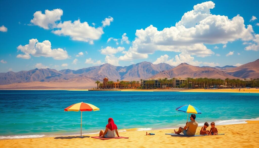 A stunning view of the Red Sea, showcasing its vibrant turquoise waters lapping gently against golden sandy beaches. In the foreground, a couple in modest casual attire enjoys the sun, lounging on beach mats under a colorful umbrella, while children build sandcastles nearby. The middle ground features a luxurious resort with elegant palm trees and sun loungers, inviting travelers to relax and unwind. In the background, majestic mountains add depth to the scene, their rugged peaks contrasting with the serene sea. The sky above is a brilliant blue, dotted with fluffy white clouds, bathing the entire scene in warm, golden sunlight. This idyllic atmosphere conveys the essence of a perfect summer vacation in Egypt, with tranquility and adventure in harmony.