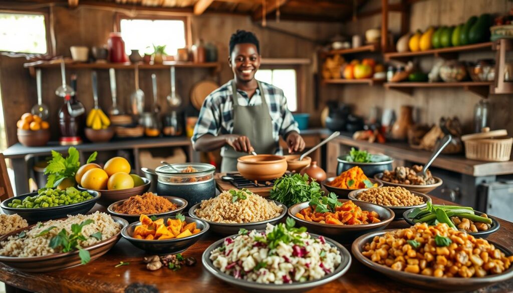 A vibrant Kenyan kitchen scene showcasing the rich flavors of African cuisine. In the foreground, a wooden table adorned with an array of traditional Kenyan dishes, including ugali, sukuma wiki, and nyama choma, garnished with fresh herbs. A colorful array of spices and fruits, such as mangoes and avocados, adds a lively touch. In the middle, a cook, dressed in modest casual clothing, expertly prepares traditional meals with a warm smile, surrounded by cooking utensils and a clay pot over an open flame. The background features a rustic kitchen with thatched roof and wooden shelves filled with local ingredients. Soft, natural lighting filters through the windows, creating an inviting and warm atmosphere, reflecting the essence of Kenyan culture and hospitality. A vibrant Kenyan kitchen scene showcasing the rich flavors of African cuisine. In the foreground, a wooden table adorned with an array of traditional Kenyan dishes, including ugali, sukuma wiki, and nyama choma, garnished with fresh herbs. A colorful array of spices and fruits, such as mangoes and avocados, adds a lively touch. In the middle, a cook, dressed in modest casual clothing, expertly prepares traditional meals with a warm smile, surrounded by cooking utensils and a clay pot over an open flame. The background features a rustic kitchen with thatched roof and wooden shelves filled with local ingredients. Soft, natural lighting filters through the windows, creating an inviting and warm atmosphere, reflecting the essence of Kenyan culture and hospitality.