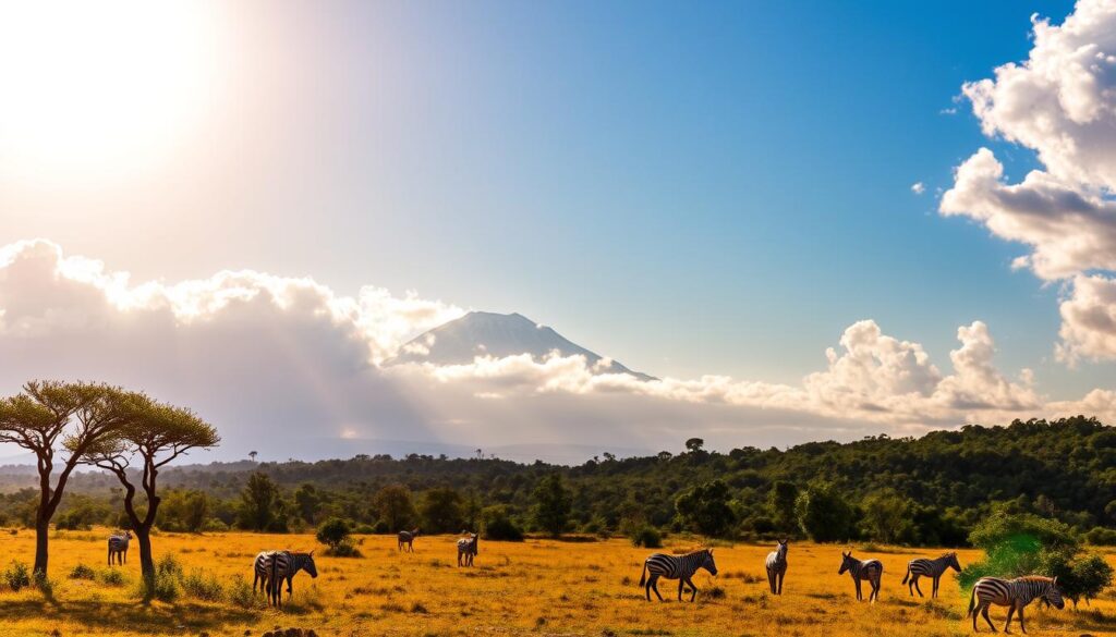 A vibrant Kenyan landscape showcasing the diverse climate and weather conditions. Foreground features a bright sunrise illuminating the savannah, with acacia trees and a few wild animals like zebras grazing peacefully. In the middle ground, a dramatic view of Kilimanjaro's snowy summit peaks through the clouds, while a clear blue sky transitions into occasional rain clouds. The background displays a lush green forest, hinting at the tropical climate. The lighting is warm and inviting, creating a sense of tranquility. The atmosphere conveys the breathtaking beauty of Kenya’s natural environment, blending elements of warmth and dynamic weather, inviting the viewer to explore its unique climate. A vibrant Kenyan landscape showcasing the diverse climate and weather conditions. Foreground features a bright sunrise illuminating the savannah, with acacia trees and a few wild animals like zebras grazing peacefully. In the middle ground, a dramatic view of Kilimanjaro's snowy summit peaks through the clouds, while a clear blue sky transitions into occasional rain clouds. The background displays a lush green forest, hinting at the tropical climate. The lighting is warm and inviting, creating a sense of tranquility. The atmosphere conveys the breathtaking beauty of Kenya’s natural environment, blending elements of warmth and dynamic weather, inviting the viewer to explore its unique climate.