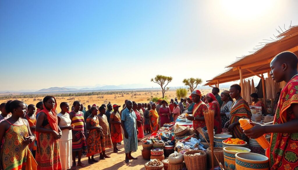 A vibrant and culturally rich scene showcasing the essence of Kenya's history and culture. In the foreground, a group of diverse Kenyan people dressed in traditional attire, engaged in lively activities, and showcasing their crafts. The middle ground features a market setting with colorful stalls displaying handmade artifacts, woven baskets, and local food. In the background, a beautiful landscape of the iconic savannah with acacia trees and distant mountains under a clear blue sky. Soft golden sunlight illuminates the scene, creating a warm and inviting atmosphere. This image captures the spirit of community and the deep historical roots of the Kenyan people, inspiring a sense of discovery and appreciation for their cultural heritage. A vibrant and culturally rich scene showcasing the essence of Kenya's history and culture. In the foreground, a group of diverse Kenyan people dressed in traditional attire, engaged in lively activities, and showcasing their crafts. The middle ground features a market setting with colorful stalls displaying handmade artifacts, woven baskets, and local food. In the background, a beautiful landscape of the iconic savannah with acacia trees and distant mountains under a clear blue sky. Soft golden sunlight illuminates the scene, creating a warm and inviting atmosphere. This image captures the spirit of community and the deep historical roots of the Kenyan people, inspiring a sense of discovery and appreciation for their cultural heritage.