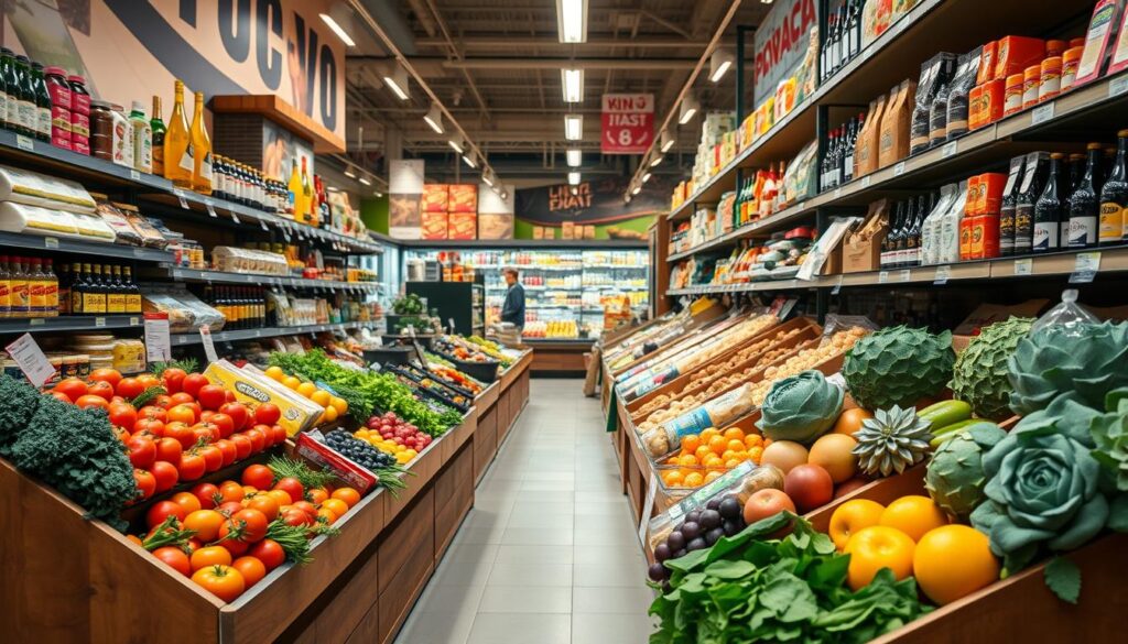 A vibrant grocery store aisle filled with an array of fresh produce, packaged goods, and local products typical of Portugal and France. In the foreground, a wooden display of colorful fruits and vegetables, including tomatoes, oranges, and leafy greens, evokes a bustling market atmosphere. The middle ground features shelves lined with various products like cheeses, wines, and breads, showcasing the diversity of prices. The background shows a busy grocery store setting with modern lighting casting a warm glow over the scene, creating an inviting and lively mood. The angle is slightly elevated, capturing the depth of the aisle and inviting viewers into the experience of shopping. The image is bright, with a focus on food affordability, appealing to those exploring grocery prices in these countries.