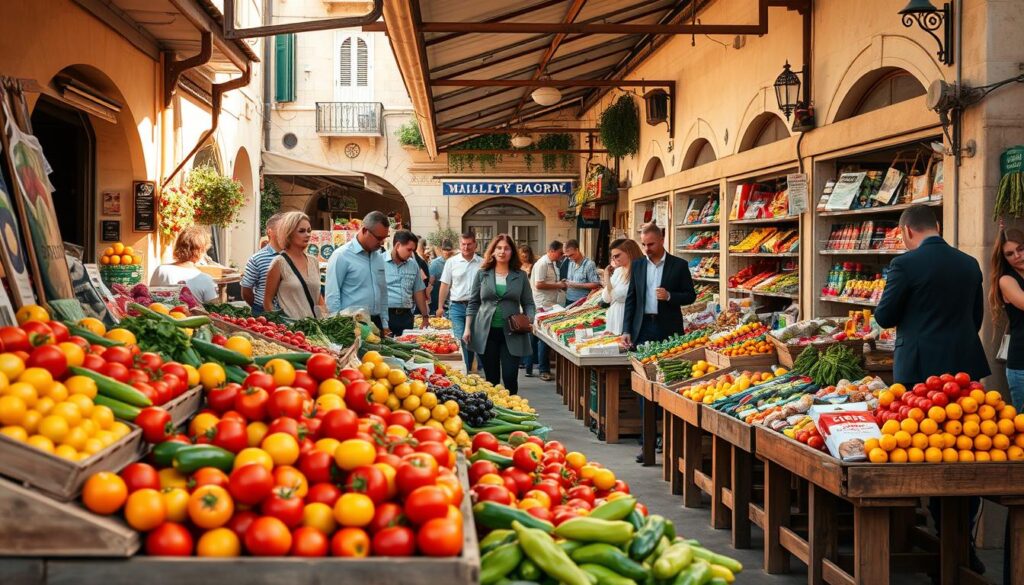 A vibrant market scene in Malta showcasing the diverse array of grocery products available. In the foreground, a wooden stall filled with fresh fruits and vegetables, such as bright red tomatoes, green peppers, and golden lemons, creates an inviting atmosphere. In the middle, shoppers, dressed in smart casual attire, browse through the colorful aisles, inspecting products displayed neatly on tables. The background features a charming Maltese architecture with traditional stone buildings, adding to the local ambiance. Soft, warm sunlight filters through the scene, casting gentle shadows and imparting a welcoming feel. The entire composition conveys a lively and bustling market atmosphere, reflecting the grocery prices and shopping experience in Malta.